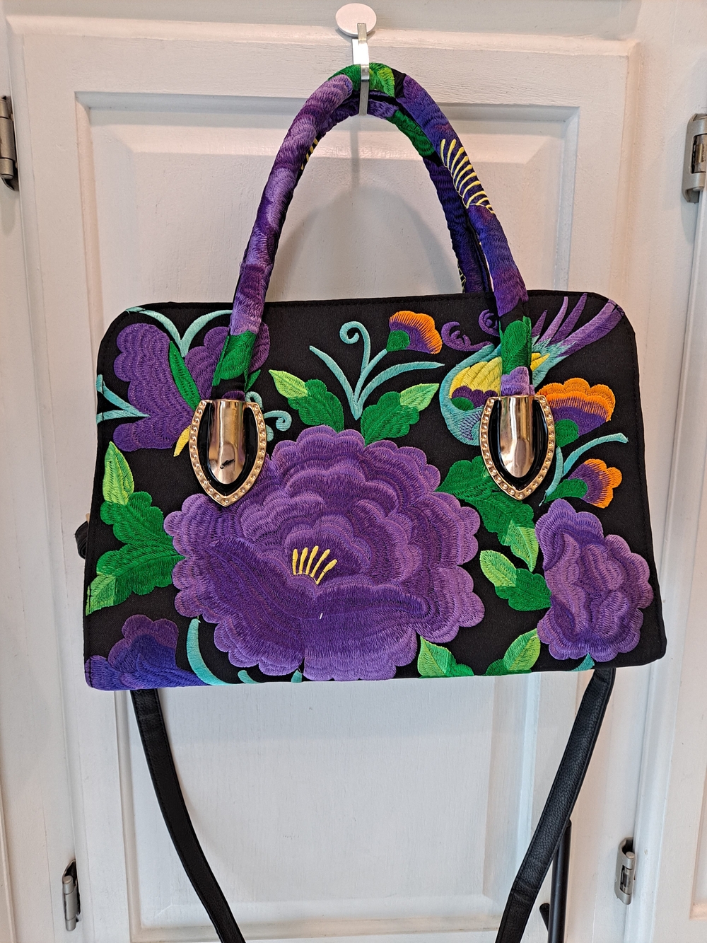 Artisan Mexican Black Green Purple Floral Embroidered Top-Handle Satchel Vintage